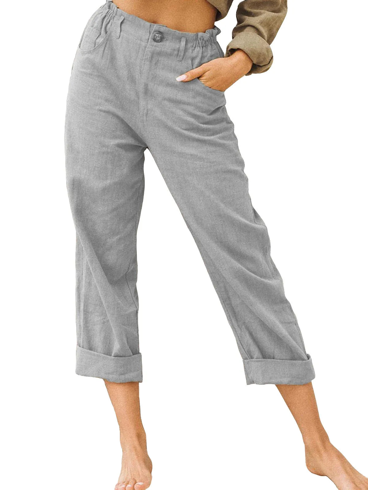 Cotton Linen Women's Long Pants Pockets Button Loose Pants