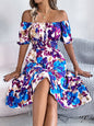 Ruffled Hem Smocked Floral Short Sleeve Midi Dress - Blue -