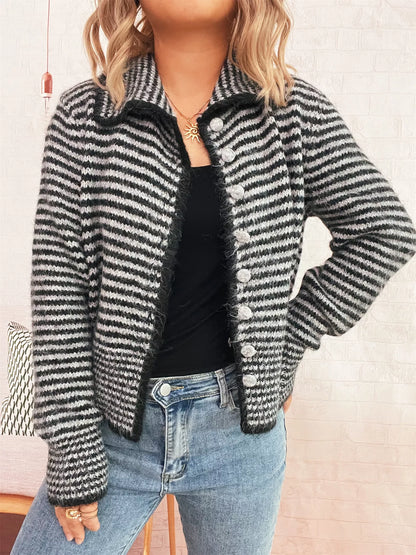 Striped Button-Up Long Sleeve Cardigan - -