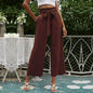 Solid Slant Pocket Belted Pant Women Trousers High Waist Casual Wide Leg Pants brown