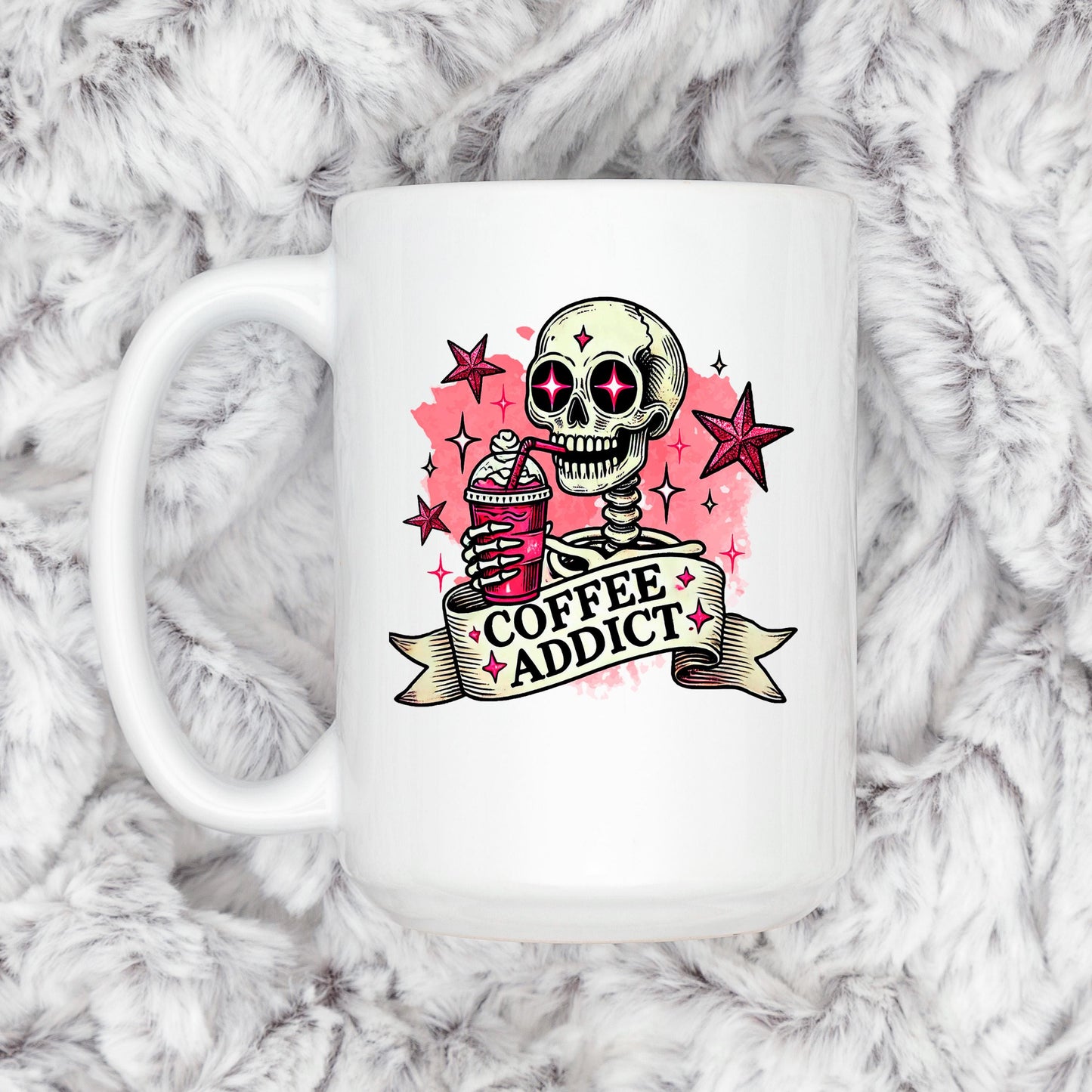 Coffee Addict Mug – Pink Skull Coffee Cup | Funny Caffeine Lover Gift, Ceramic, Dishwasher Safe - -