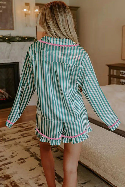 Stripe Contrast Ricrac Trim Long Sleeve Shirt Drawstring Ruffled Pajama Short Set- Shopimist- {{Product type}}