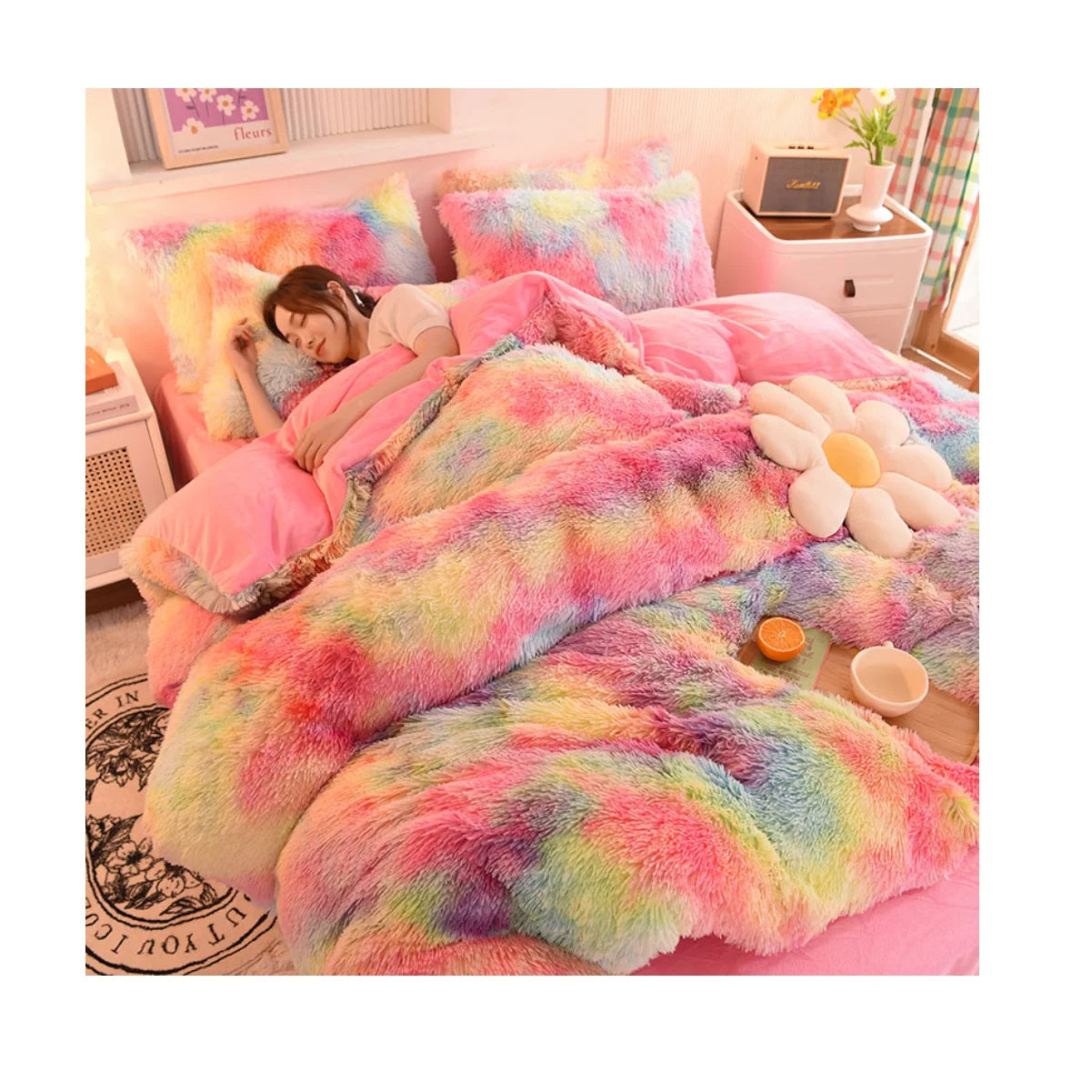 Rainbow Color Velvet Fluffy Plush Soft Bedding Bed Warm for Girl Sheet Set 4