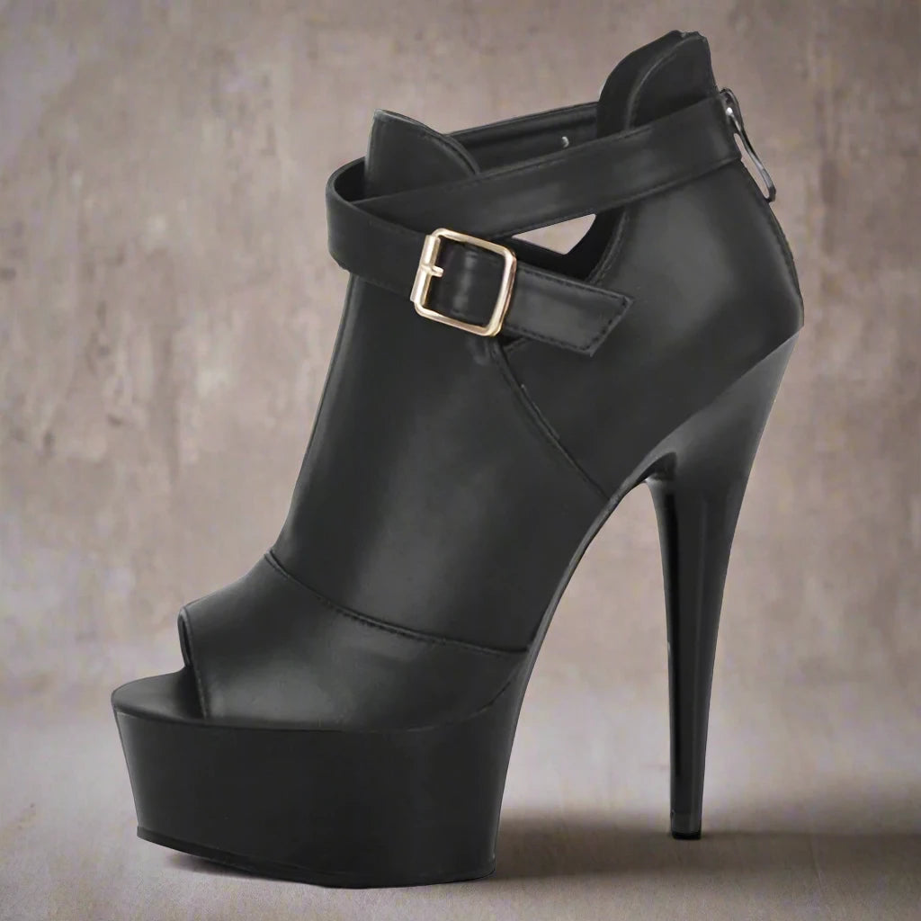 Black 15 Cm Ultra High Heel Platform Metal Buckle Boots High Heels