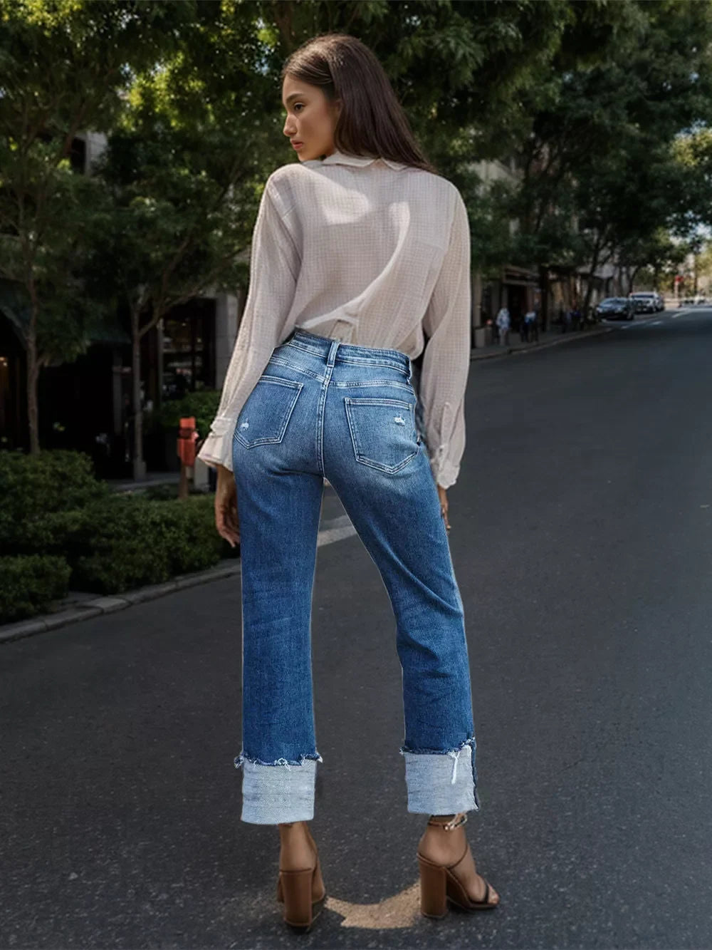 Stepped Waist Raw Hem Rolled Straight Jeans - -