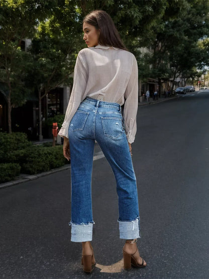 Stepped Waist Raw Hem Rolled Straight Jeans - -