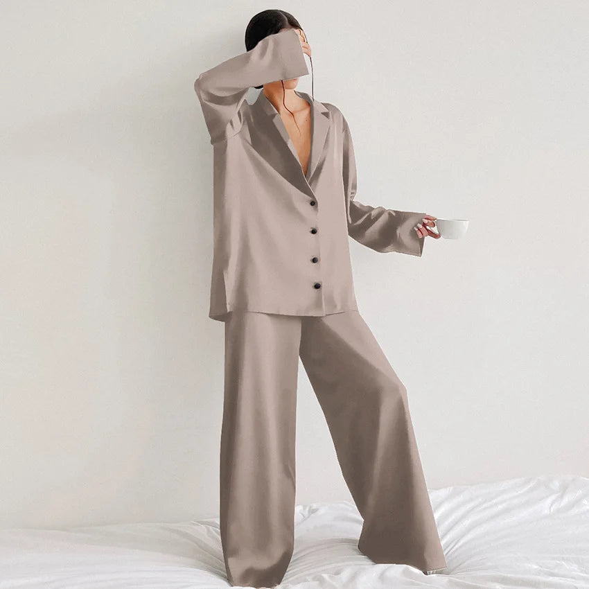 Oversized Satin Low Cut Pajama Single-Breasted Long Sleeve Wide Leg Pants