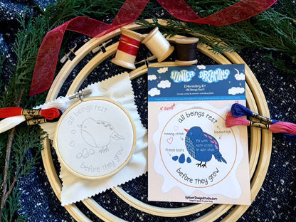 "Cozy Stitches" Trio Gift Set: Eco-Embroidery Kit, Mindfulness Journal, Mint Tea, Honey, Greeting Card (Winter Dreaming) - - Gift Set
