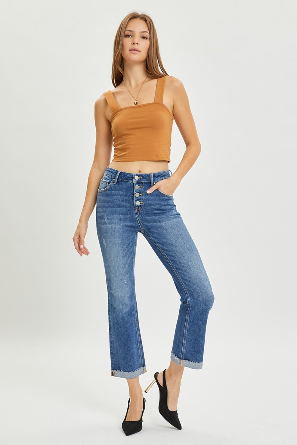 RISEN Button Fly Flared Leg Blue Denim Cropped Jeans - - jeans