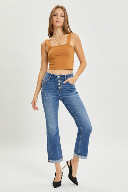 RISEN Button Fly Flared Leg Blue Denim Cropped Jeans - - jeans
