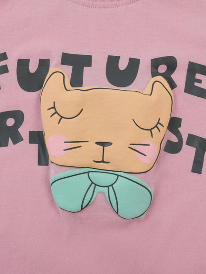 Children's Cat Graphic Round Neck T-Shirt - -