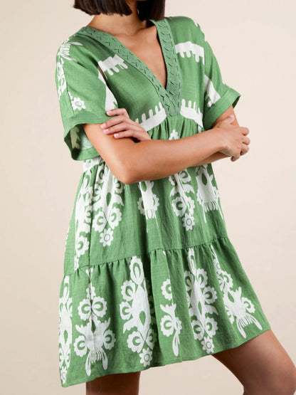 Printed V-Neck Short Sleeve Mini Dress - -