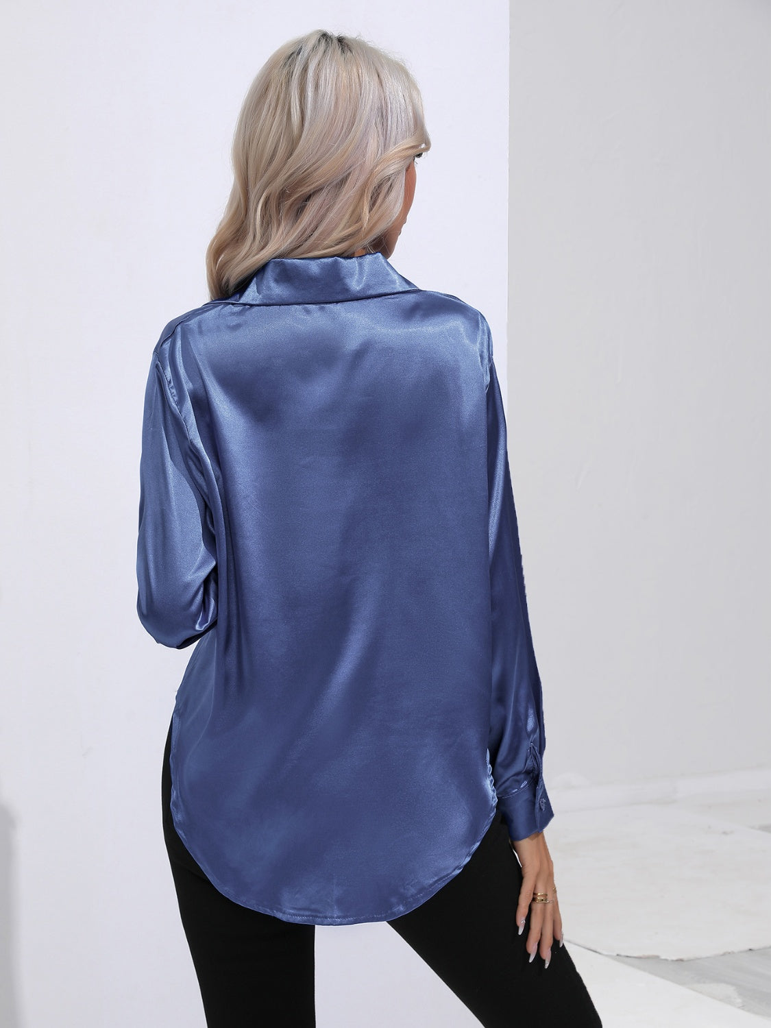 Collared Neck Buttoned Long Sleeve Shirt - -