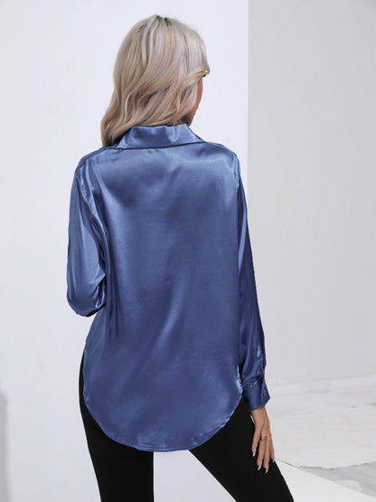 Collared Neck Buttoned Long Sleeve Shirt - -