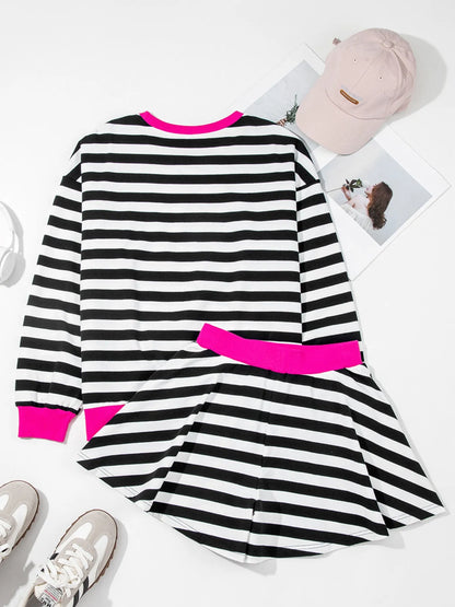 Stripe Contrast Ribbed Banding Long Sleeve Blouse and Loose Shorts Set- Shopimist- {{Product type}}