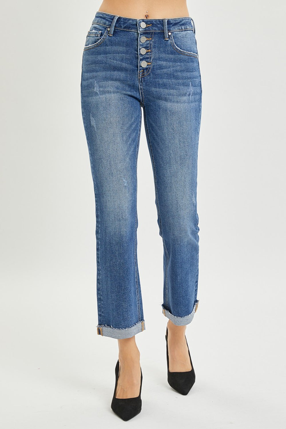 RISEN Button Fly Flared Leg Blue Denim Cropped Jeans - - jeans