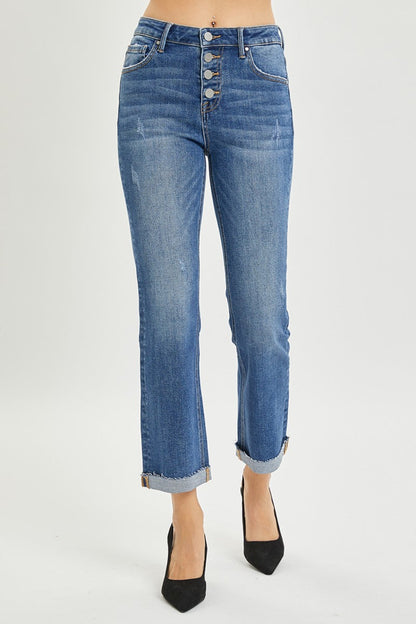 RISEN Button Fly Flared Leg Blue Denim Cropped Jeans - - jeans