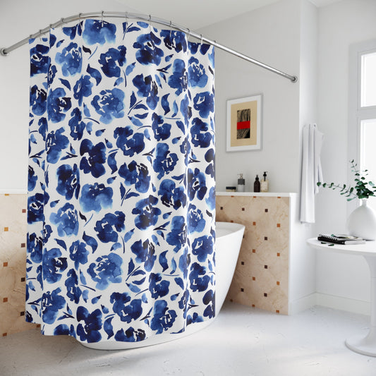 Blue Floral Shower Curtain - 71" × 74" - Home Decor