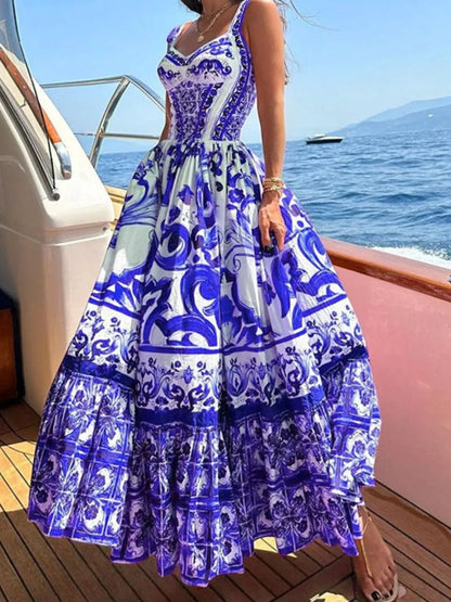 Smocked Printed Wide Strap Dress - Purple -