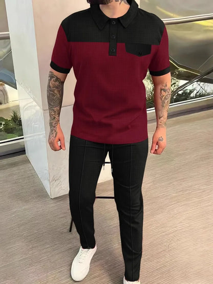Men‘s Full Size Waffle-Knit Contrast Top and Pants Set Plus Size - Burgundy -