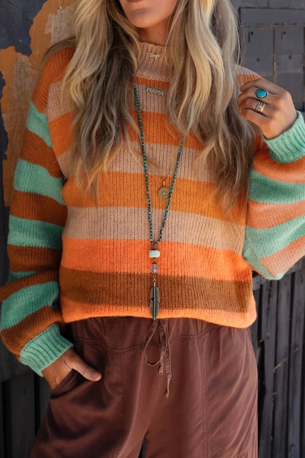 Striped Rainbow Long Sleeve Sweater - -