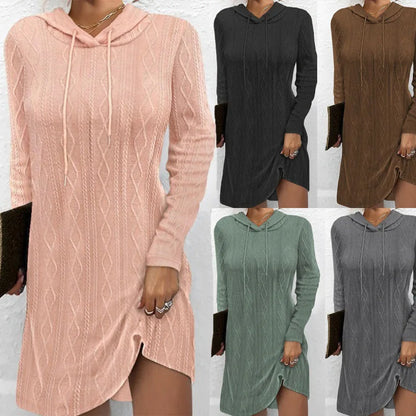 Solid Color Knitting Hoodie Knitted Dress for Women