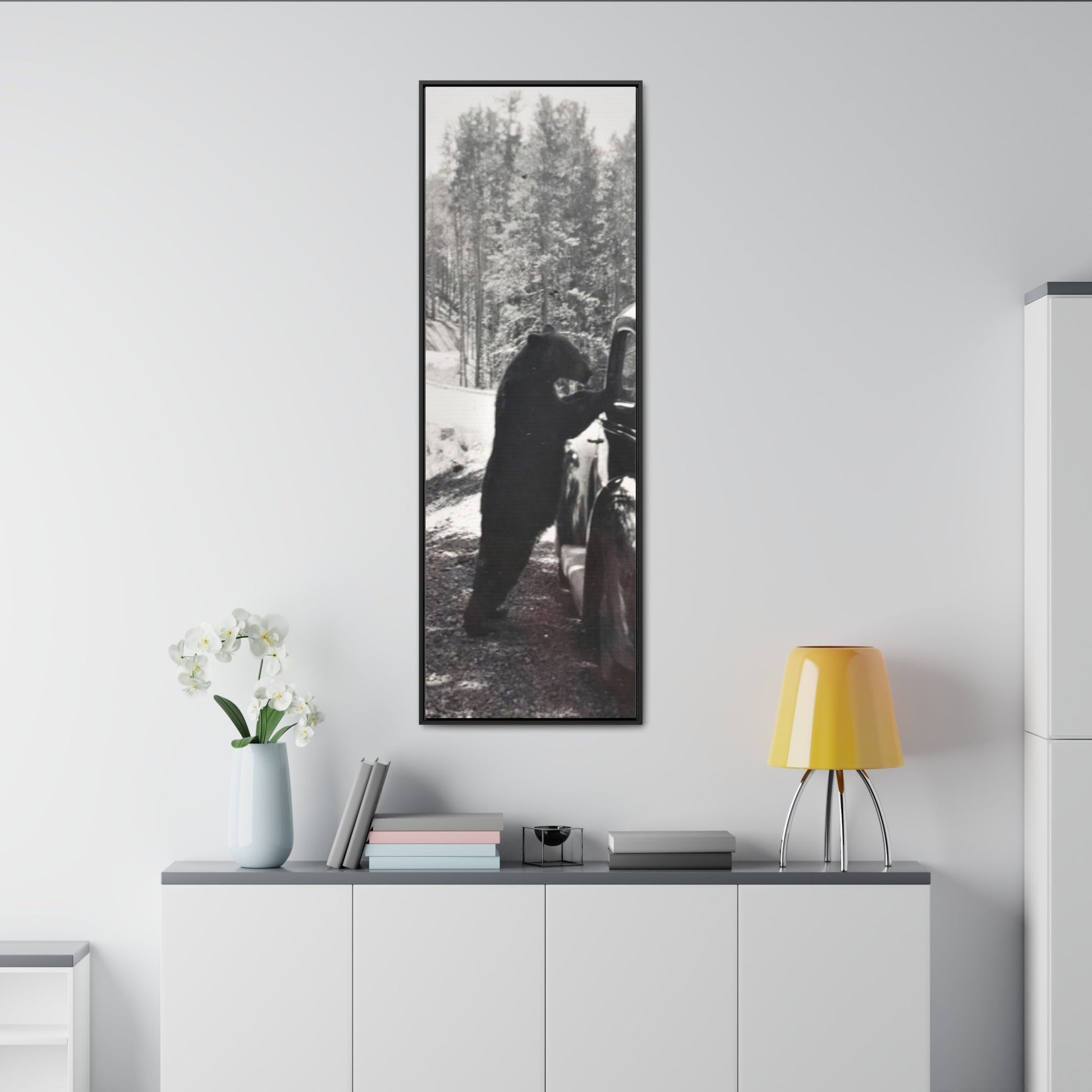 Yellowstone Bear Car Gallery Canvas Wraps Vertical Frame - 20″ x 60″ Premium Gallery Wraps (1.25″) Black - Canvas