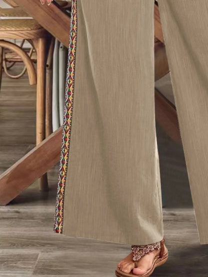 Bohemian Wide Leg Embroidered Side Stripe Pants - -