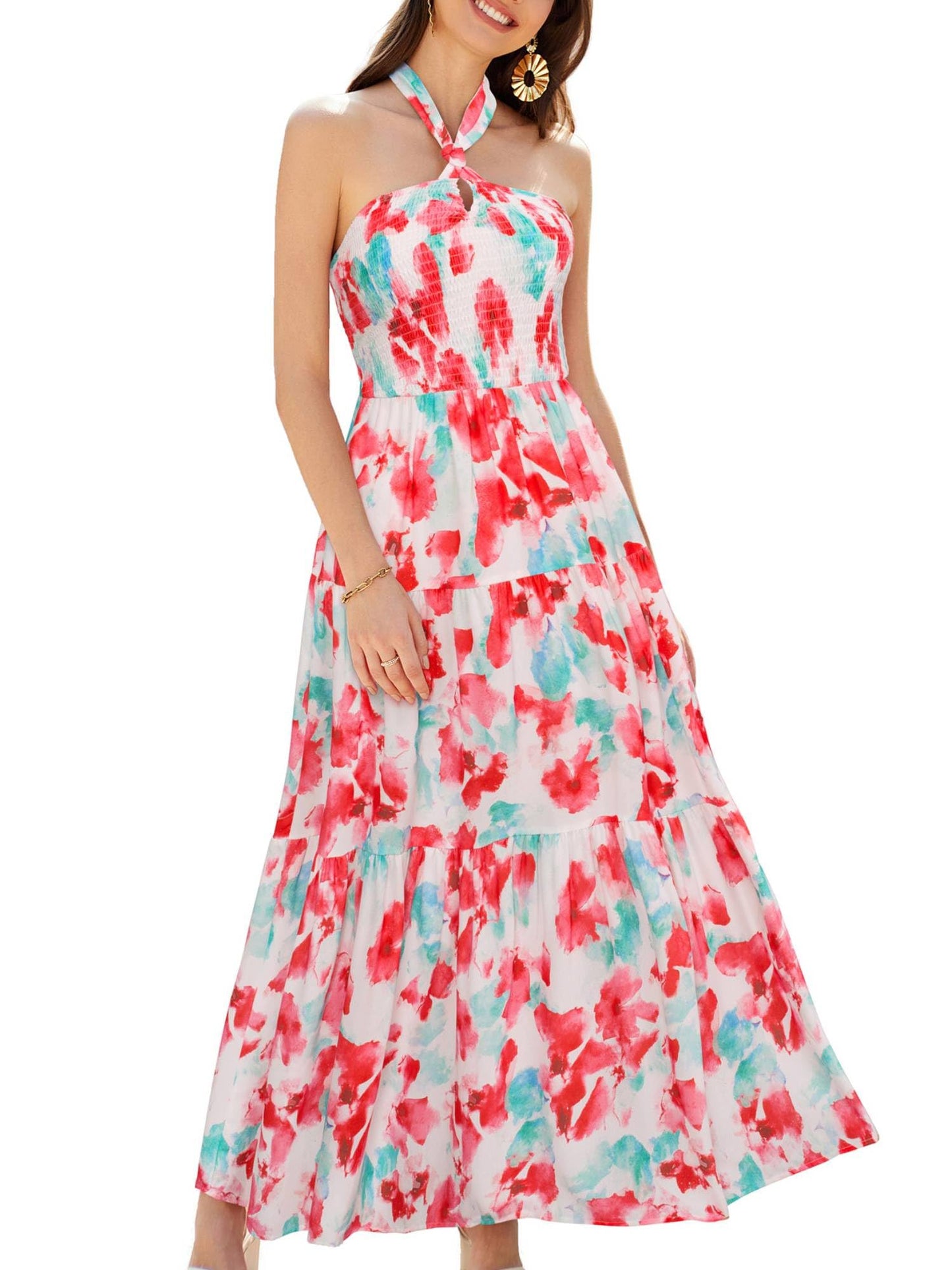 Boho Ruffle Halter Maxi Dress - - dress