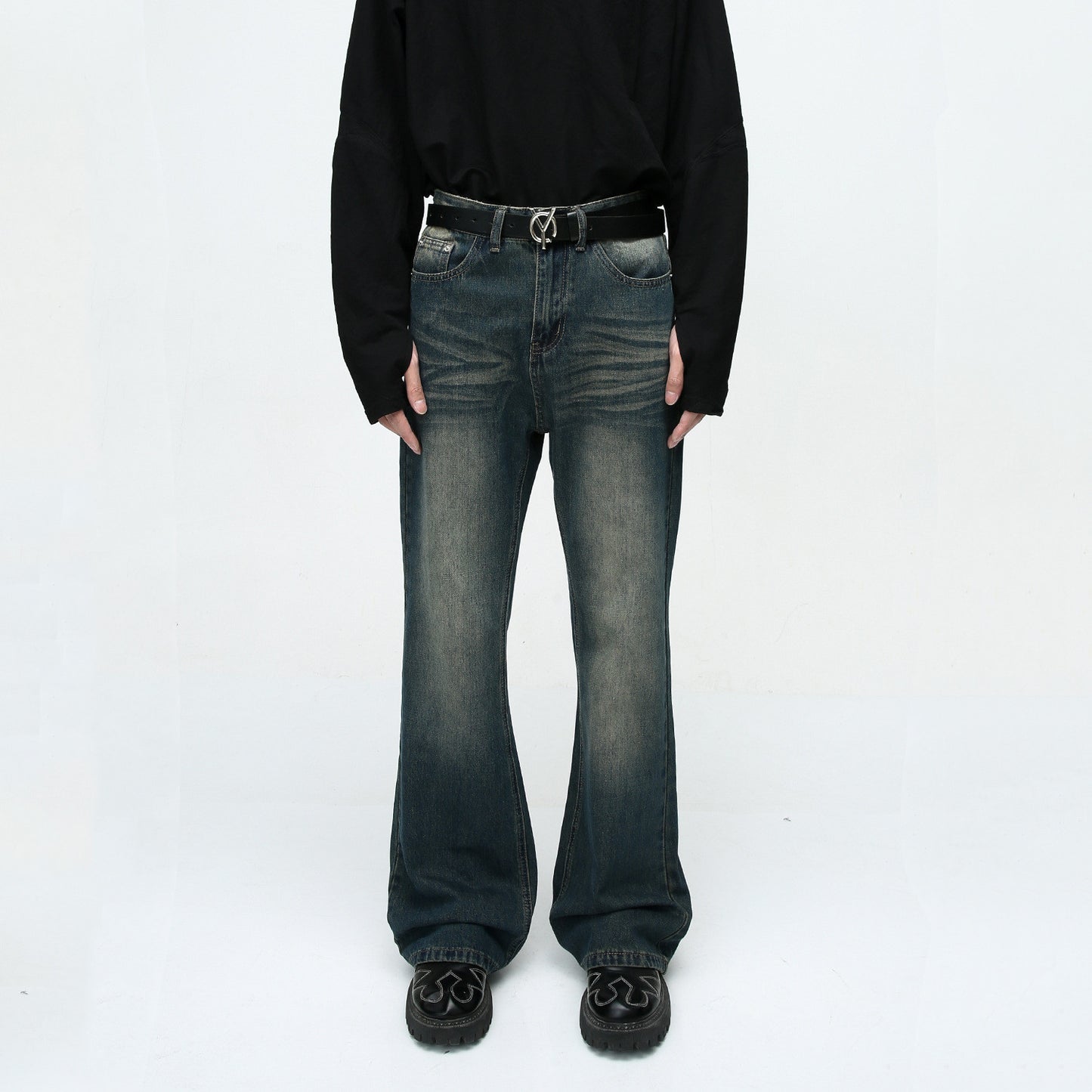 Retro Washed Distressed Flared Jeans - - jeans