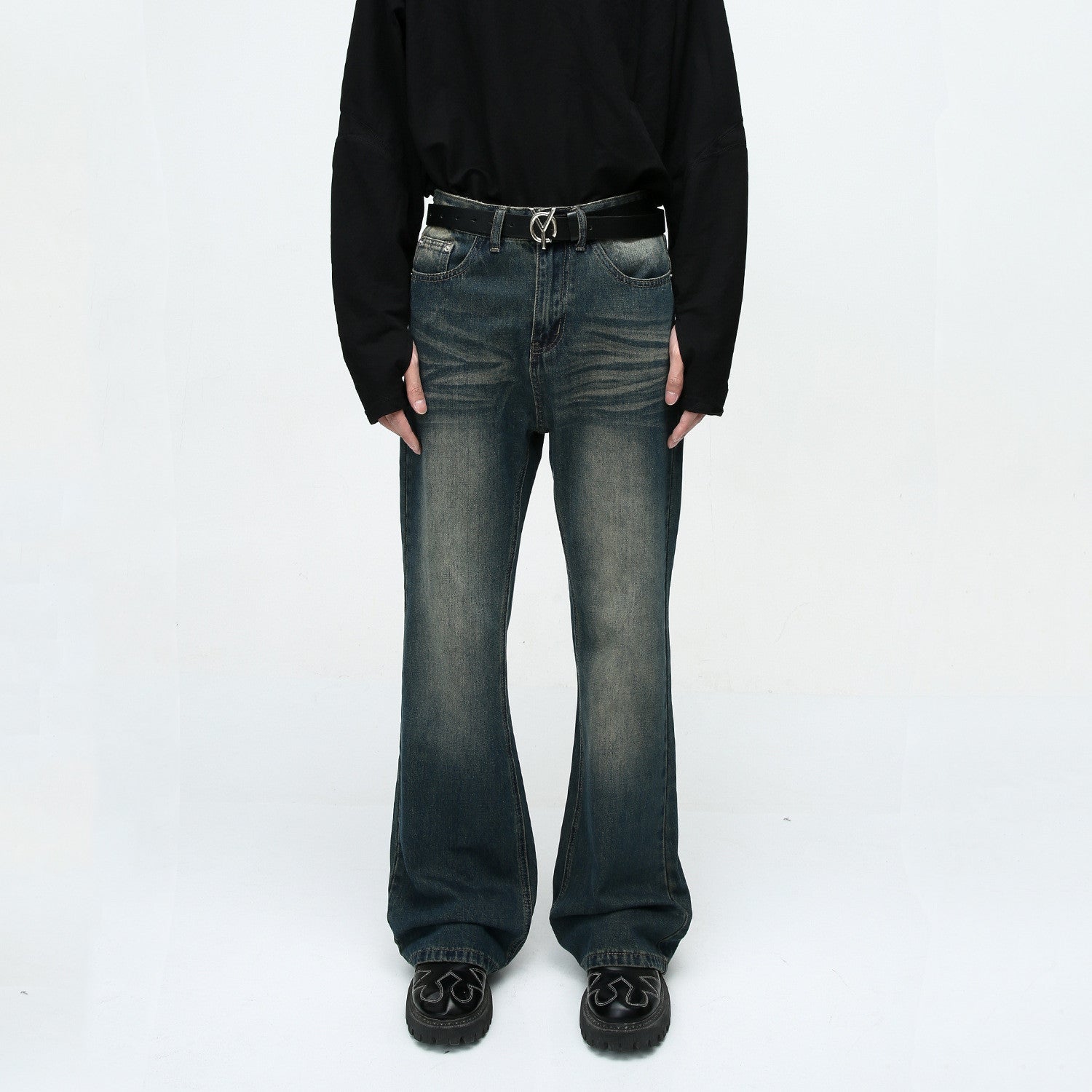 Retro Washed Distressed Flared Jeans - - jeans
