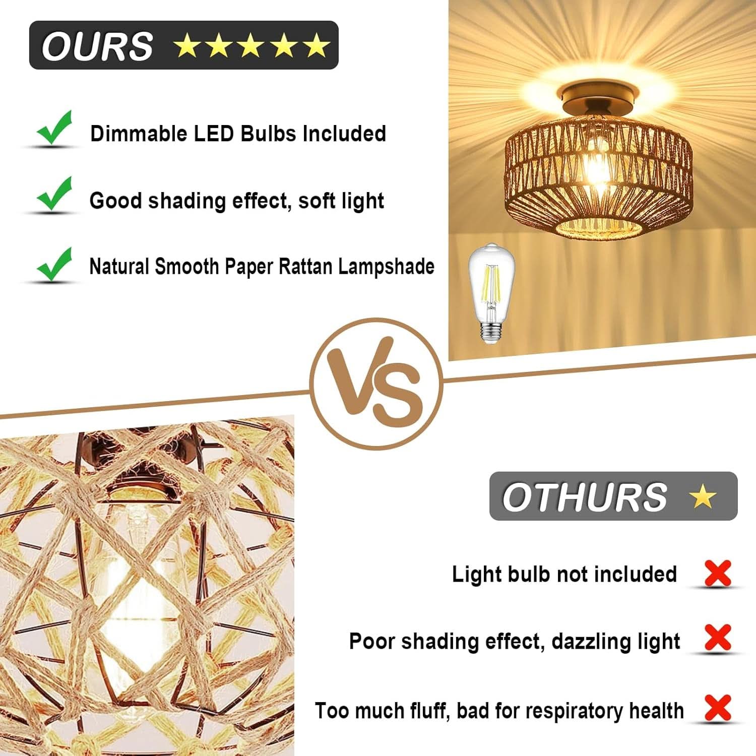 Dark Brown Hand Woven Rattan Ceiling Light With Dimmable LED - -