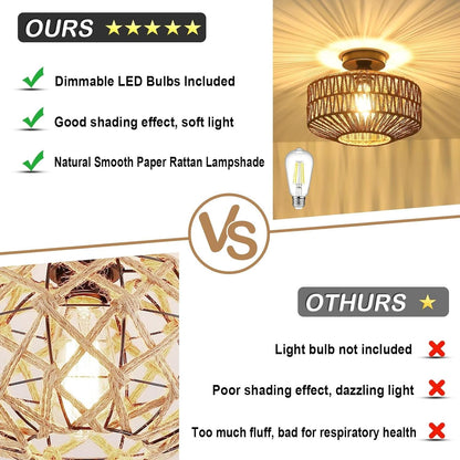 Dark Brown Hand Woven Rattan Ceiling Light With Dimmable LED - -