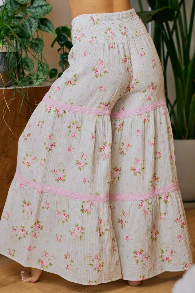 BiBi Rose Printed Gauze Trim Detail Smocked Maxi Pants - -