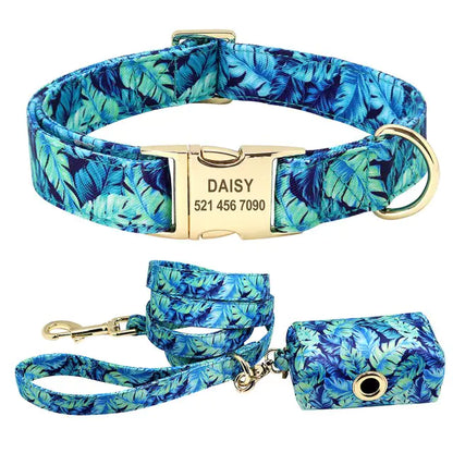 Printed Dog Collar and Leash Set Blue Sets Large