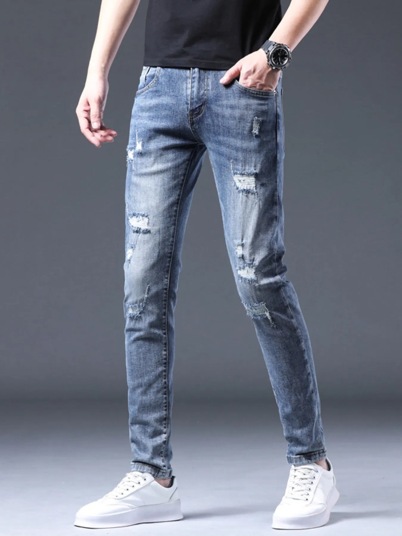 Men's Distressed Slim Fit Ripped Jeans - -