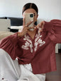 Embroidered Notched Long Sleeve Blouse - Burgundy -