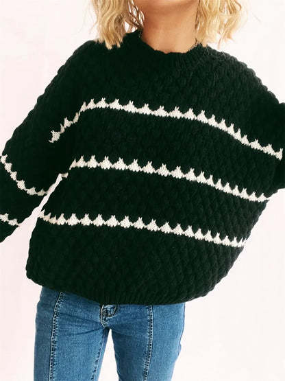 Contrast Stripes Round Neck Long Sleeve Sweater - -