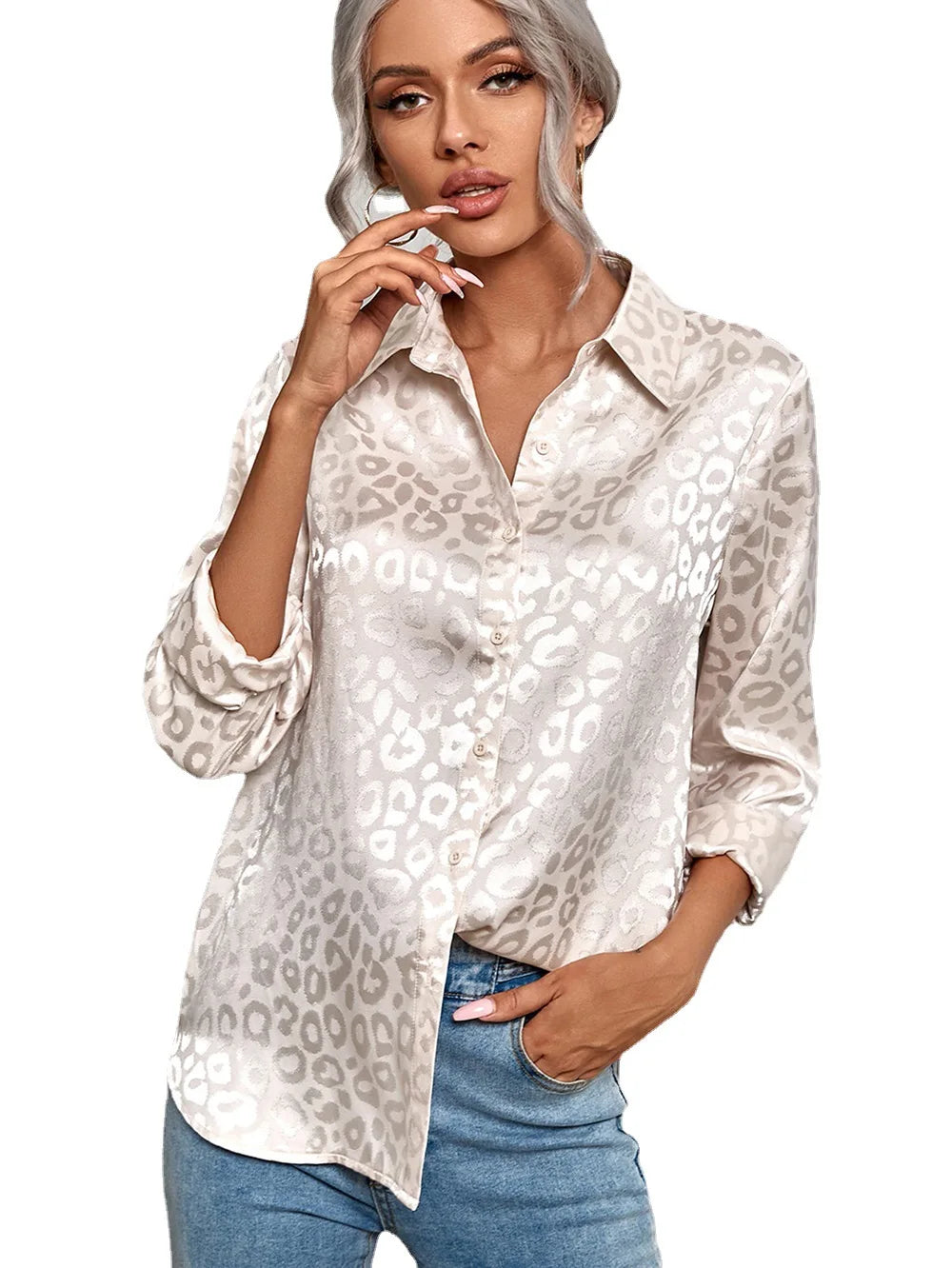 Open Button Leopard Jacquard Temperament Commuter Long Sleeve Blouse