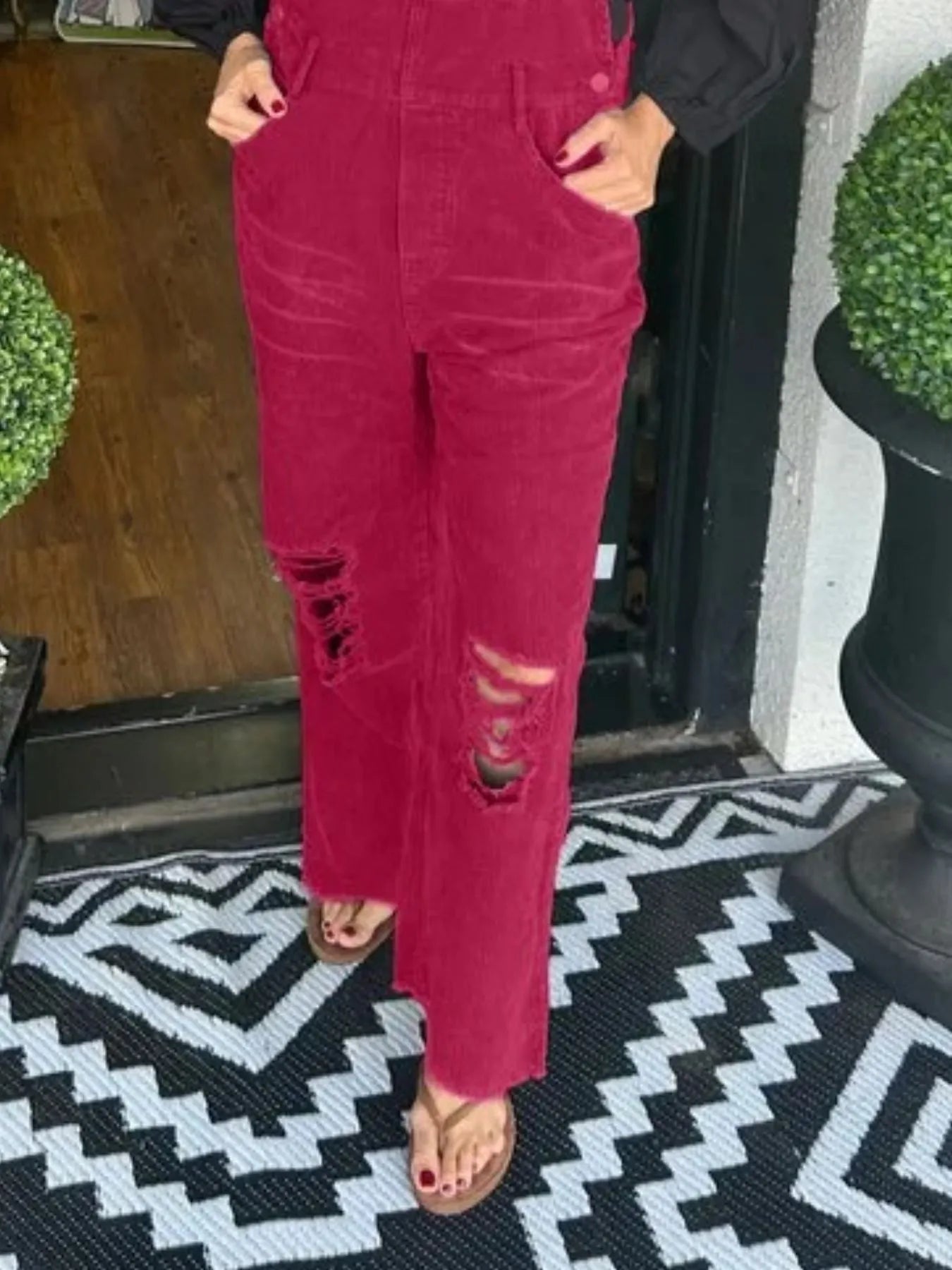 Distressed Wide Leg Corduroy Overalls - -