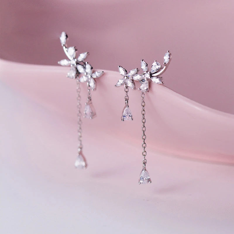 925 Sterling Silver Zircon Flower Tassel Long Earrings for Women