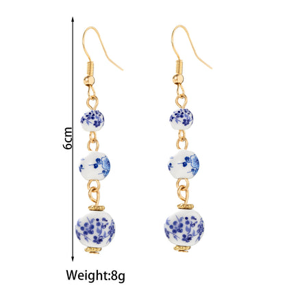Blue and White Porcelain Bead Long Dangle Earrings - - Earrings