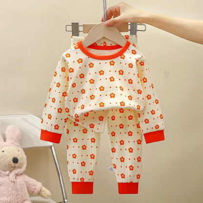 Pure Cotton Pajamas Long Sleeve Top and Pants Set cream orange