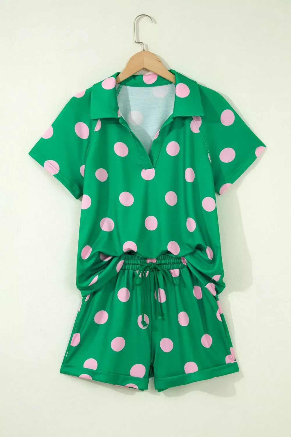 Polka Dot Print V Neck Tee Short Set- Shopimist- {{Product type}}