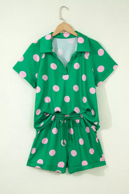 Polka Dot Print V Neck Tee Short Set - - pajamas