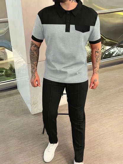 Men‘s Full Size Waffle-Knit Contrast Top and Pants Set Plus Size - Gray -