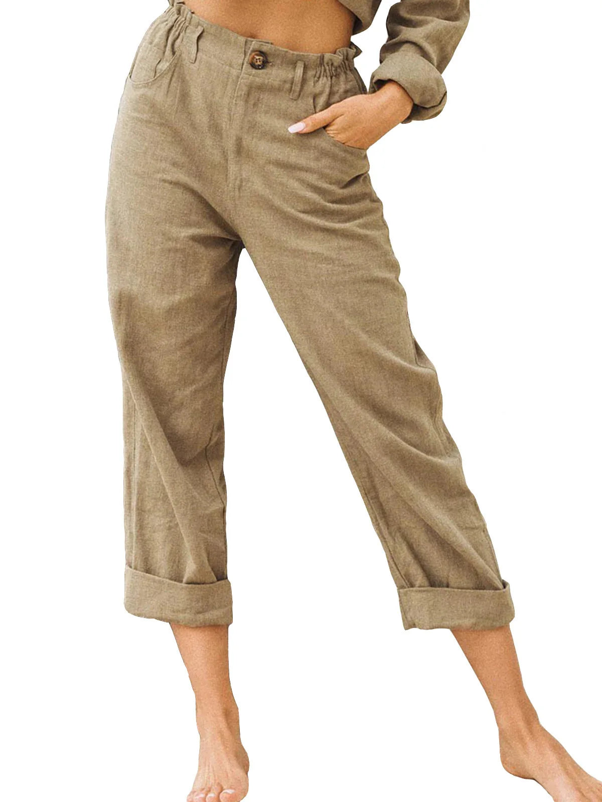 Cotton Linen Women's Long Pants Pockets Button Loose Pants