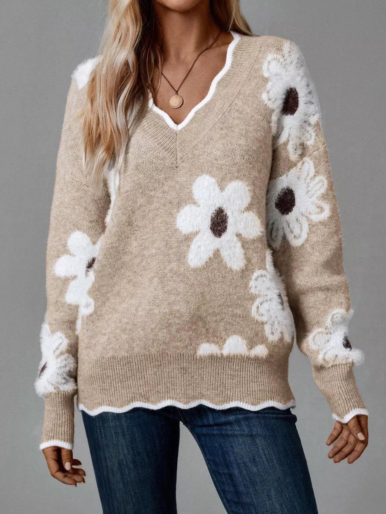 Floral V-Neck Long Sleeve Sweater - -