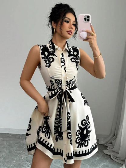 Printed Sleeveless Button Front Dress - -