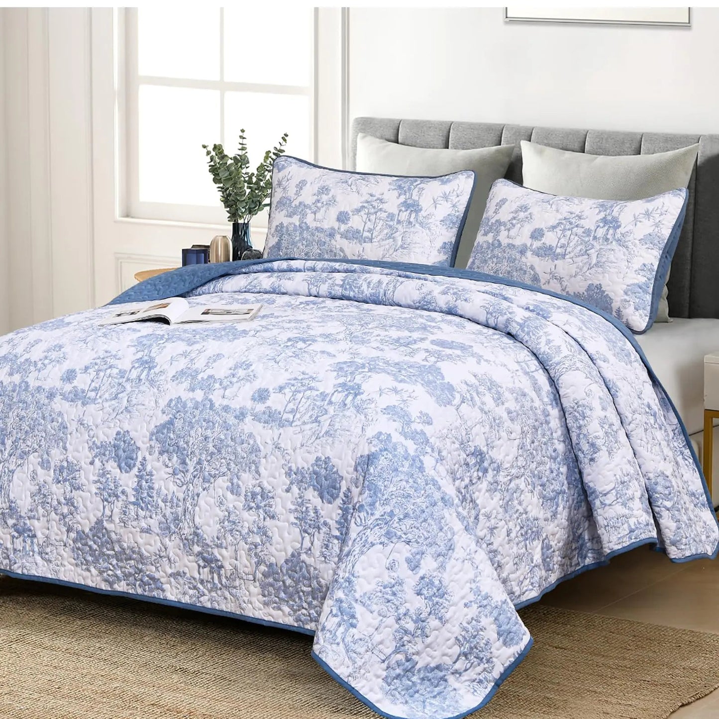 3 Piece Blue Botanical Microfiber Quilt Set Full Size - Blue Full - blanket